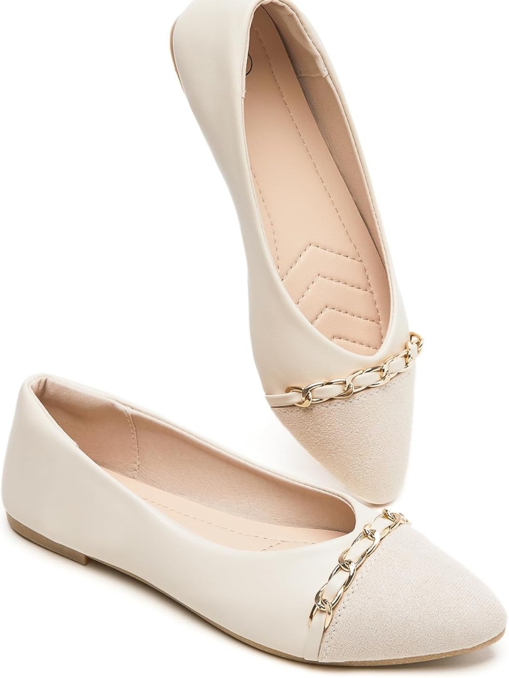Women's Cream Pointed-Toe Chain Accent Flats
